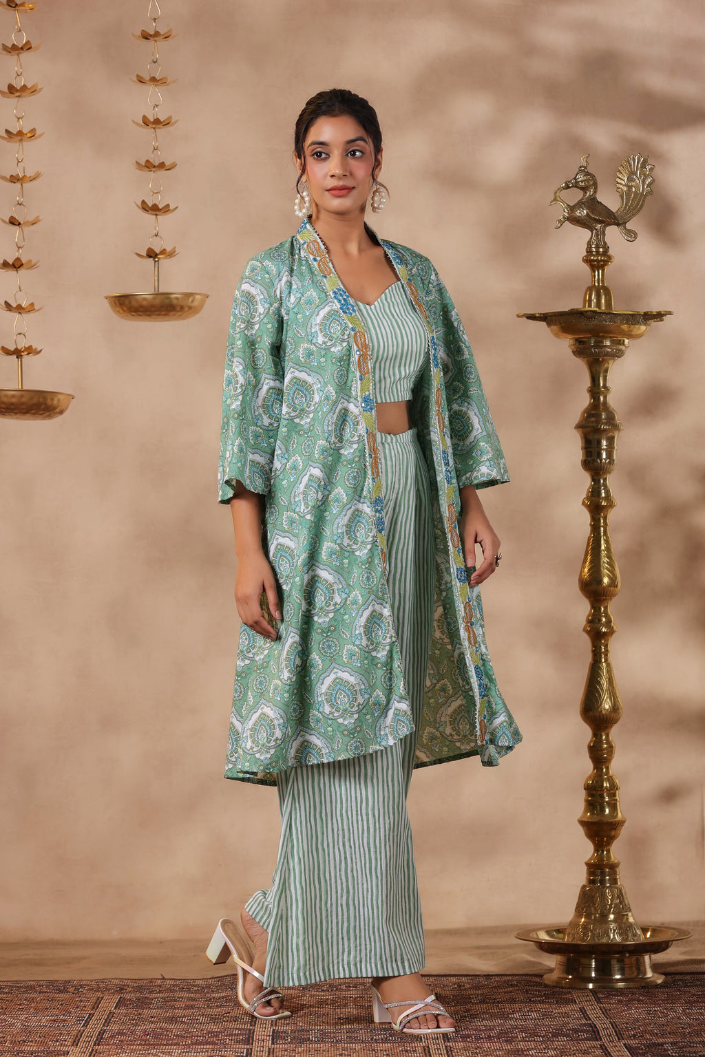 Green Printed  Cotton Crop Top With Embroidered Shrug Co Ord  Set Of 3