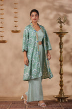 Green Printed  Cotton Crop Top With Embroidered Shrug Co Ord  Set Of 3