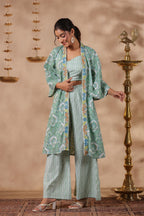 Green Printed  Cotton Crop Top With Embroidered Shrug Co Ord  Set Of 3