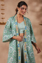 Green Printed  Cotton Crop Top With Embroidered Shrug Co Ord  Set Of 3