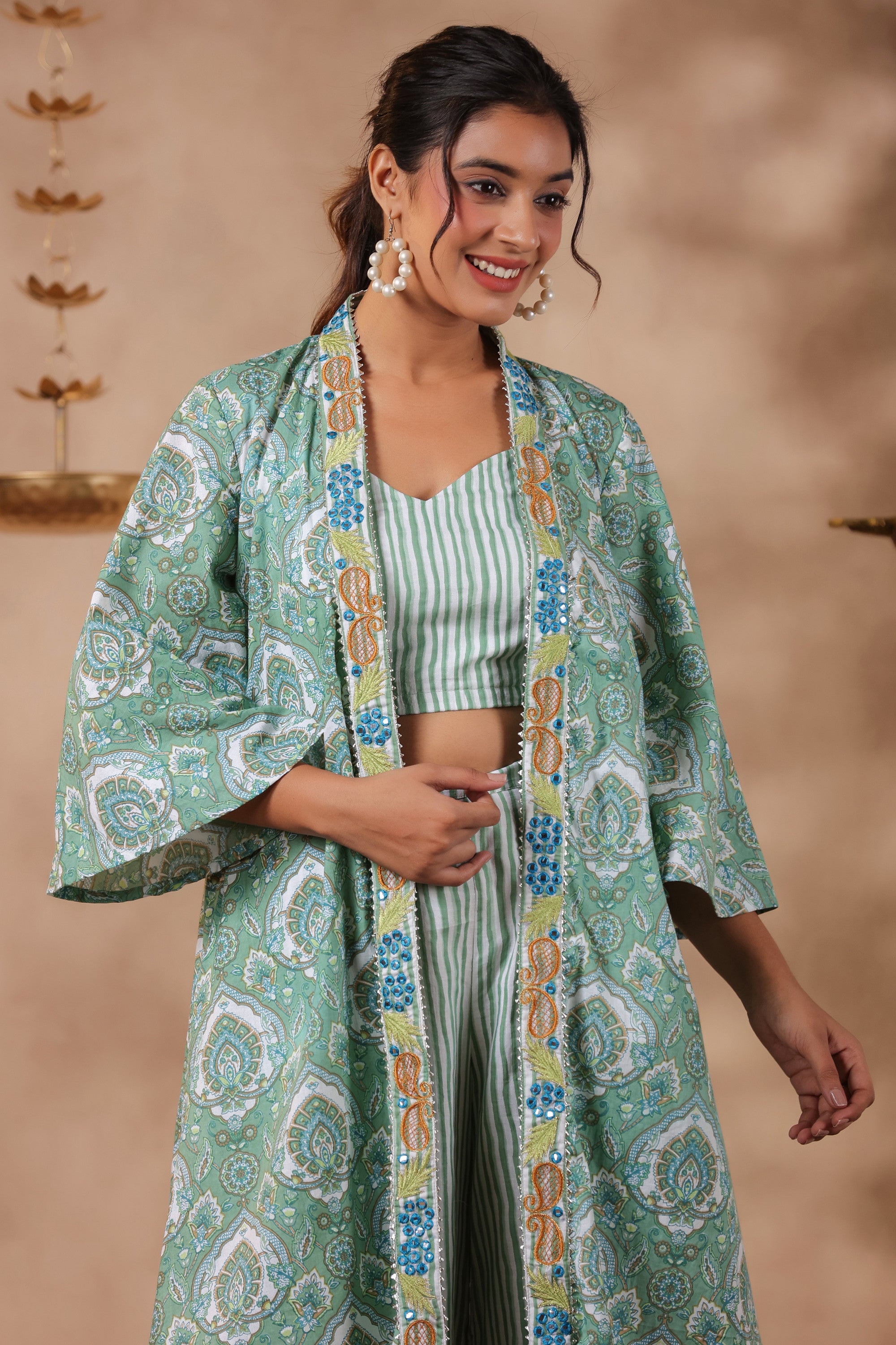 Green Printed  Cotton Crop Top With Embroidered Shrug Co Ord  Set Of 3