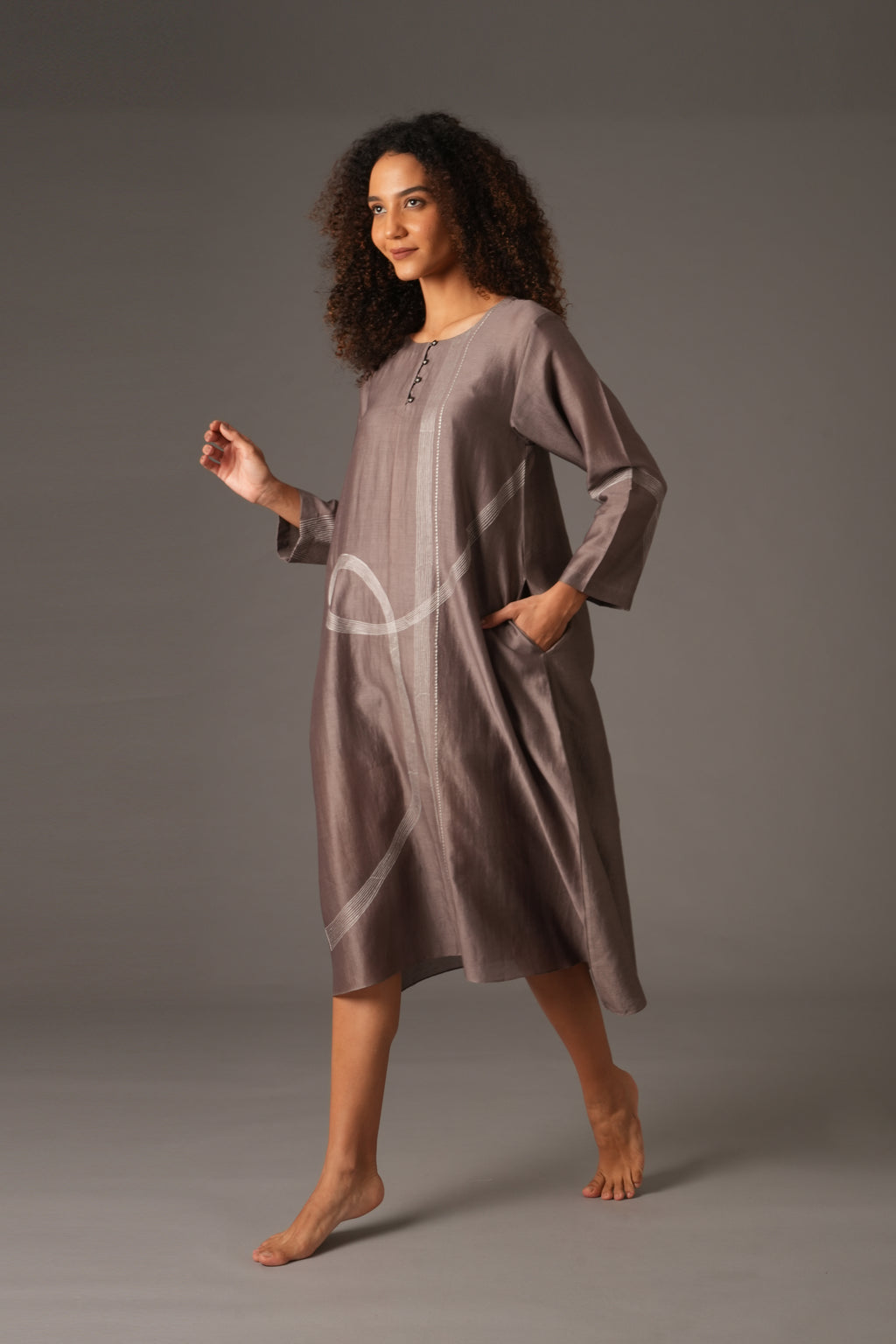 Greige Round Neck Embroidery Dress
