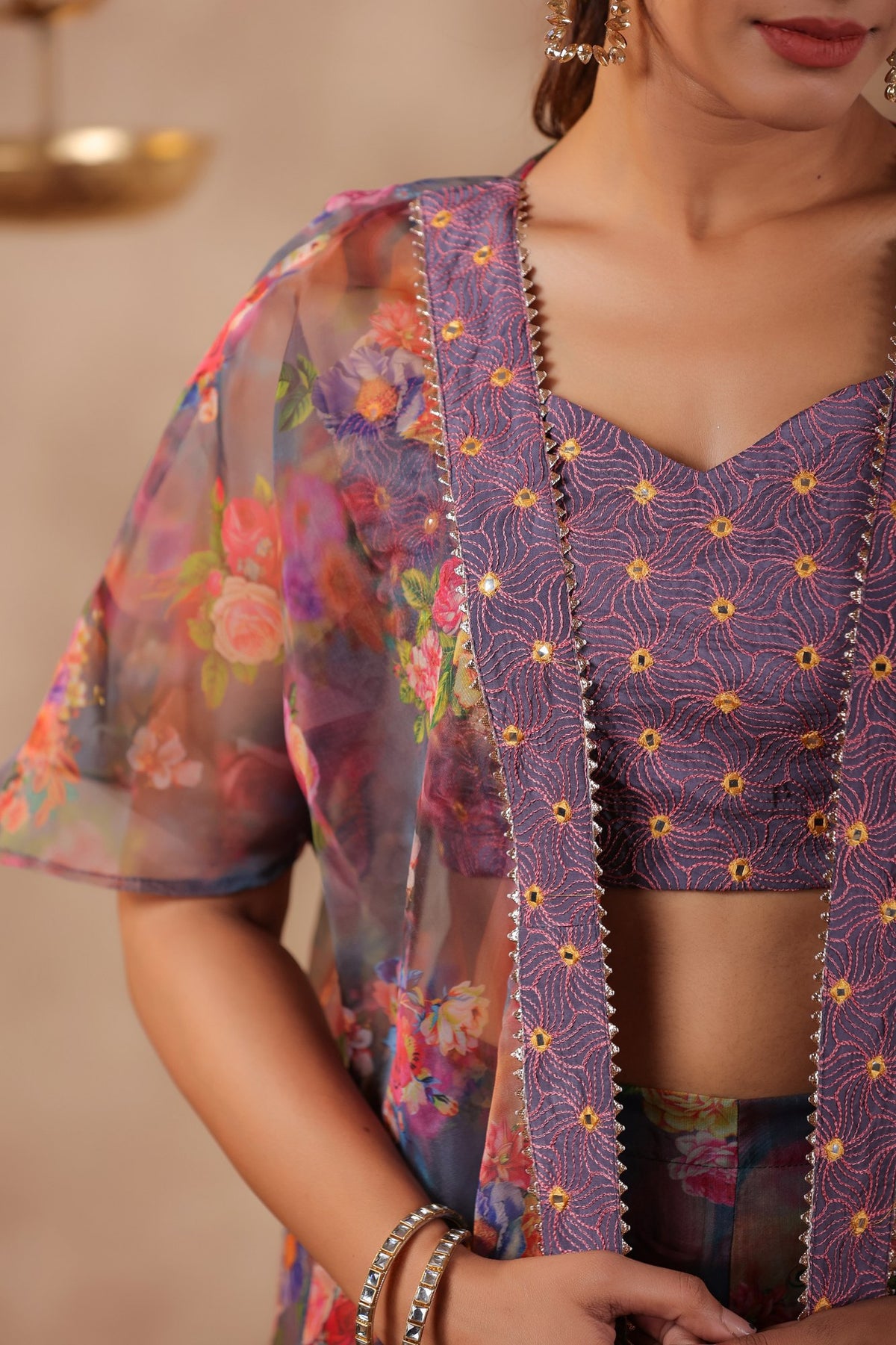 Grey Printed Organza Shrug Set With Embroidery Top Set Of 3