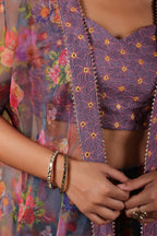 Grey Printed Organza Shrug Set With Embroidery Top Set Of 3