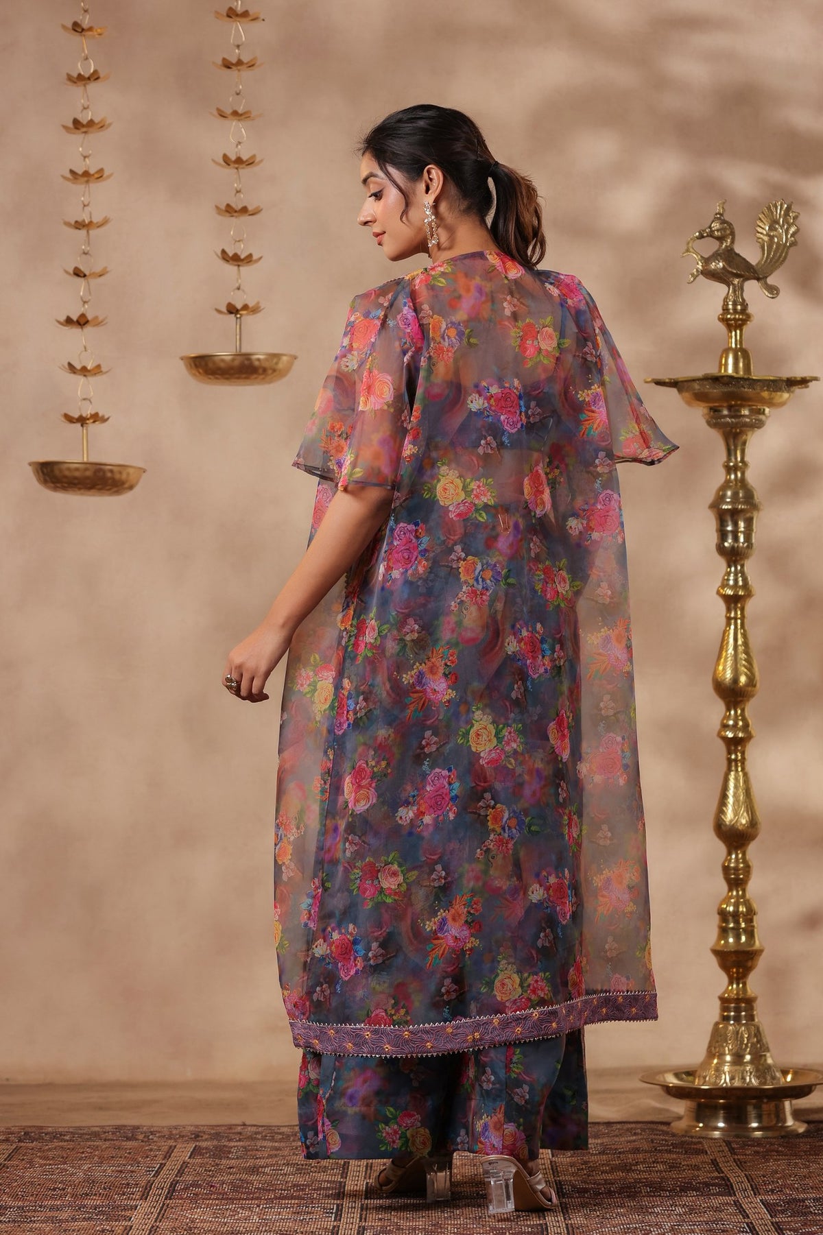 Grey Printed Organza Shrug Set With Embroidery Top Set Of 3