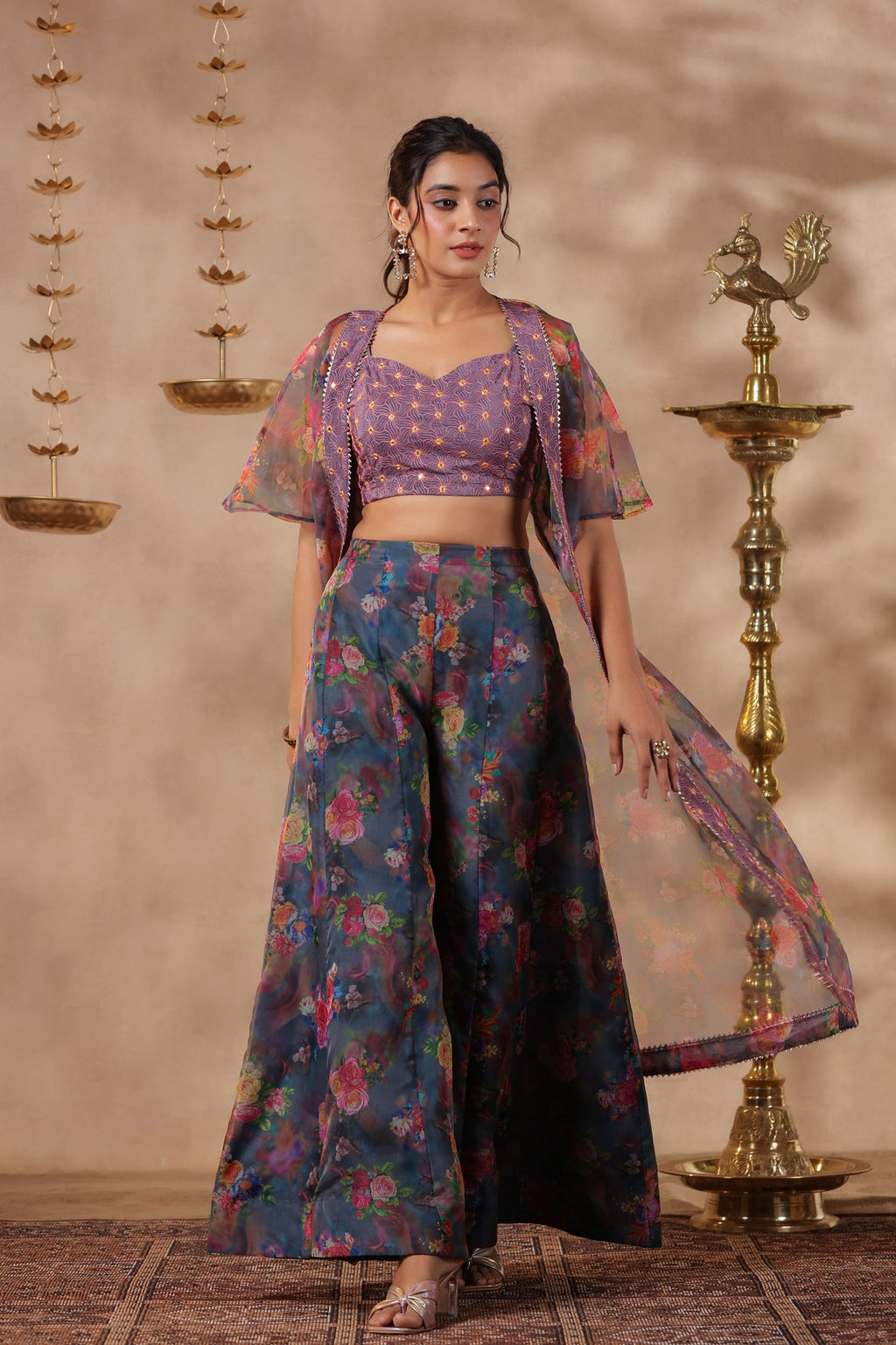 Grey Printed Organza Shrug Set With Embroidery Top Set Of 3