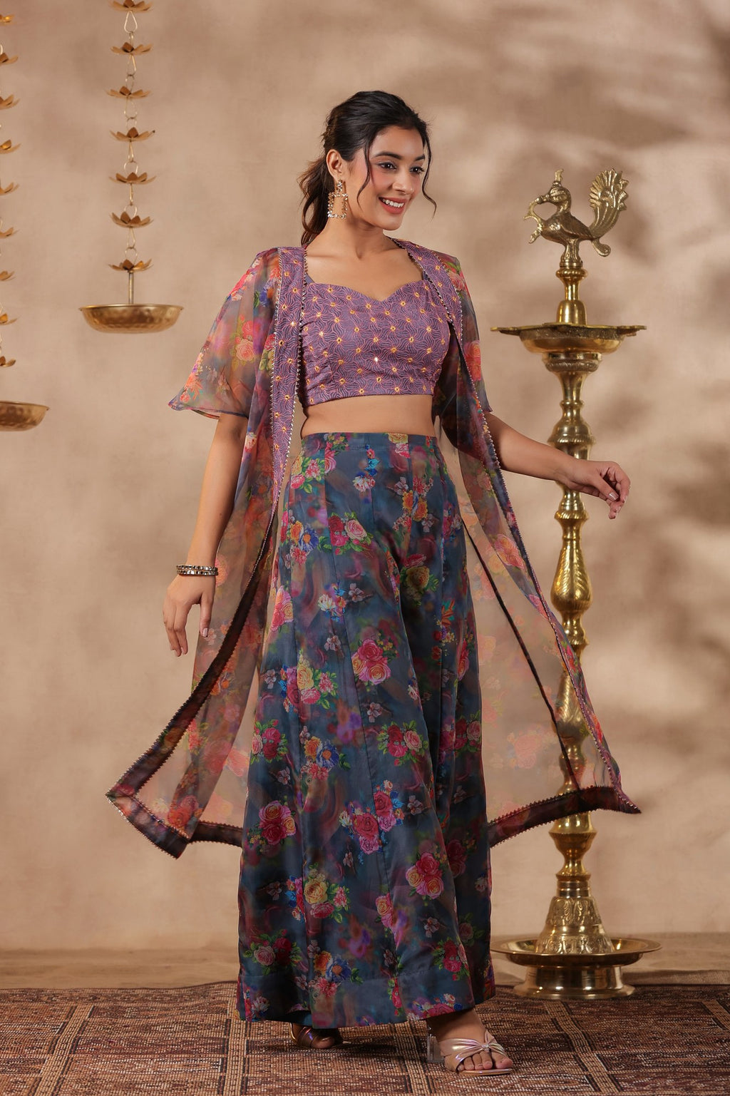 Grey Printed Organza Shrug Set With Embroidery Top Set Of 3