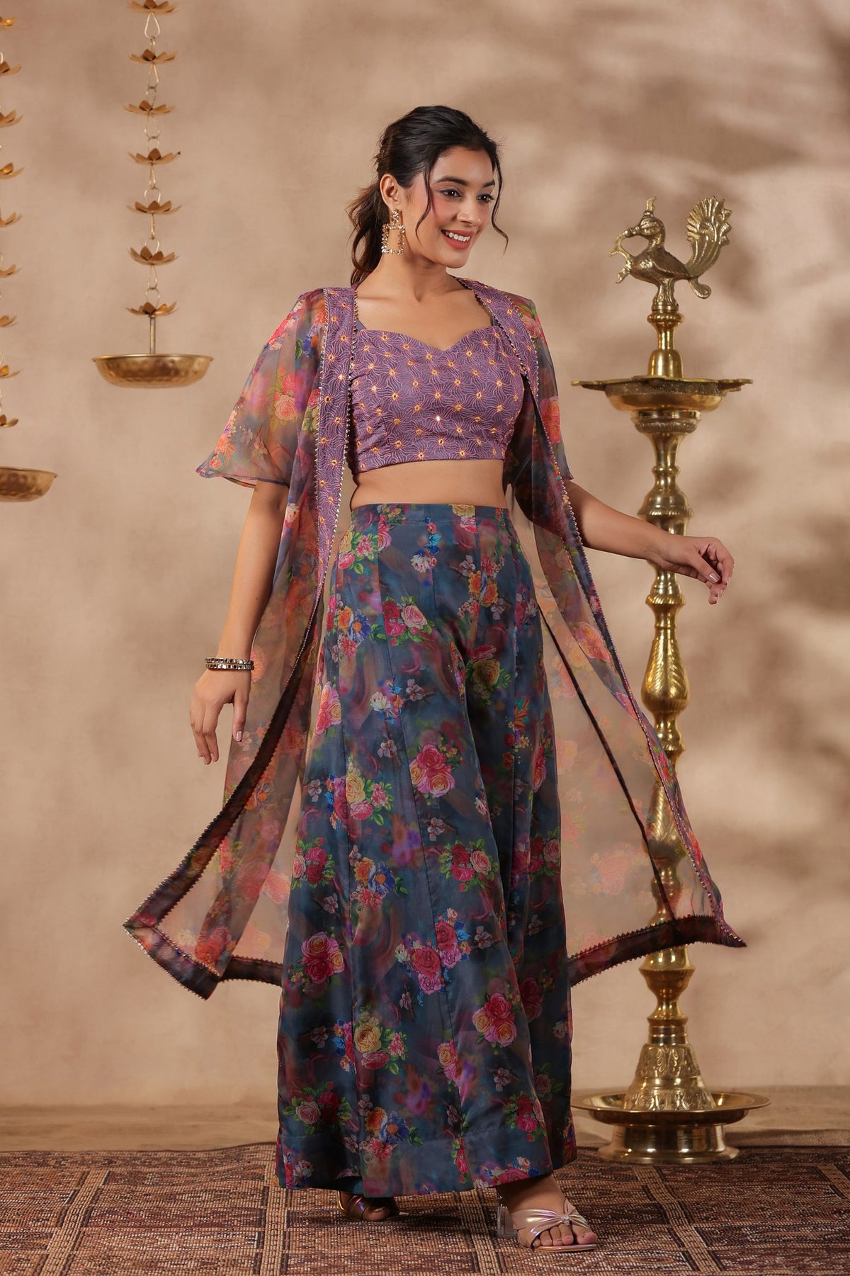 Grey Printed Organza Shrug Set With Embroidery Top Set Of 3