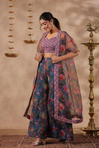 Grey Printed Organza Shrug Set With Embroidery Top Set Of 3