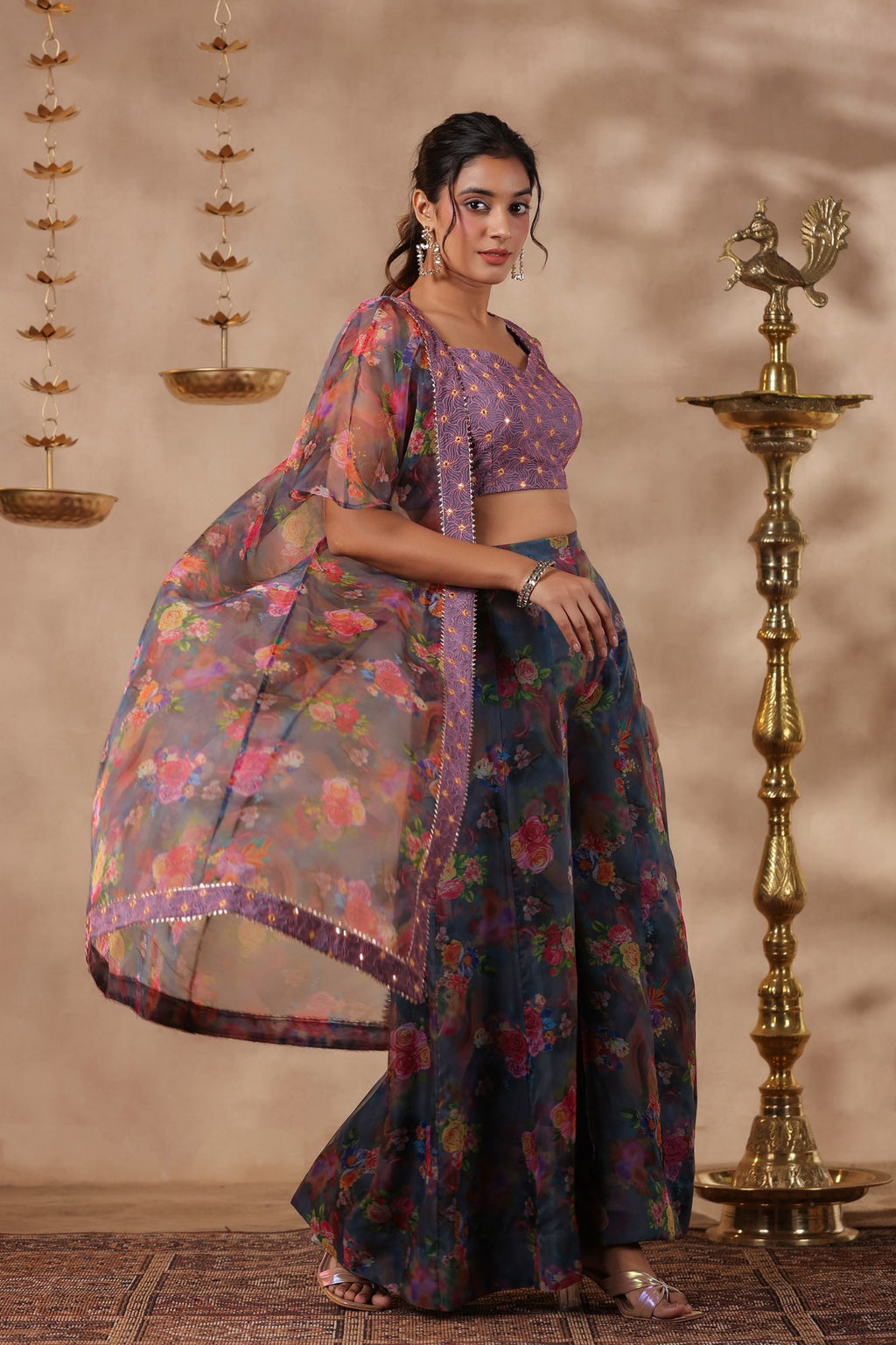 Grey Printed Organza Shrug Set With Embroidery Top Set Of 3