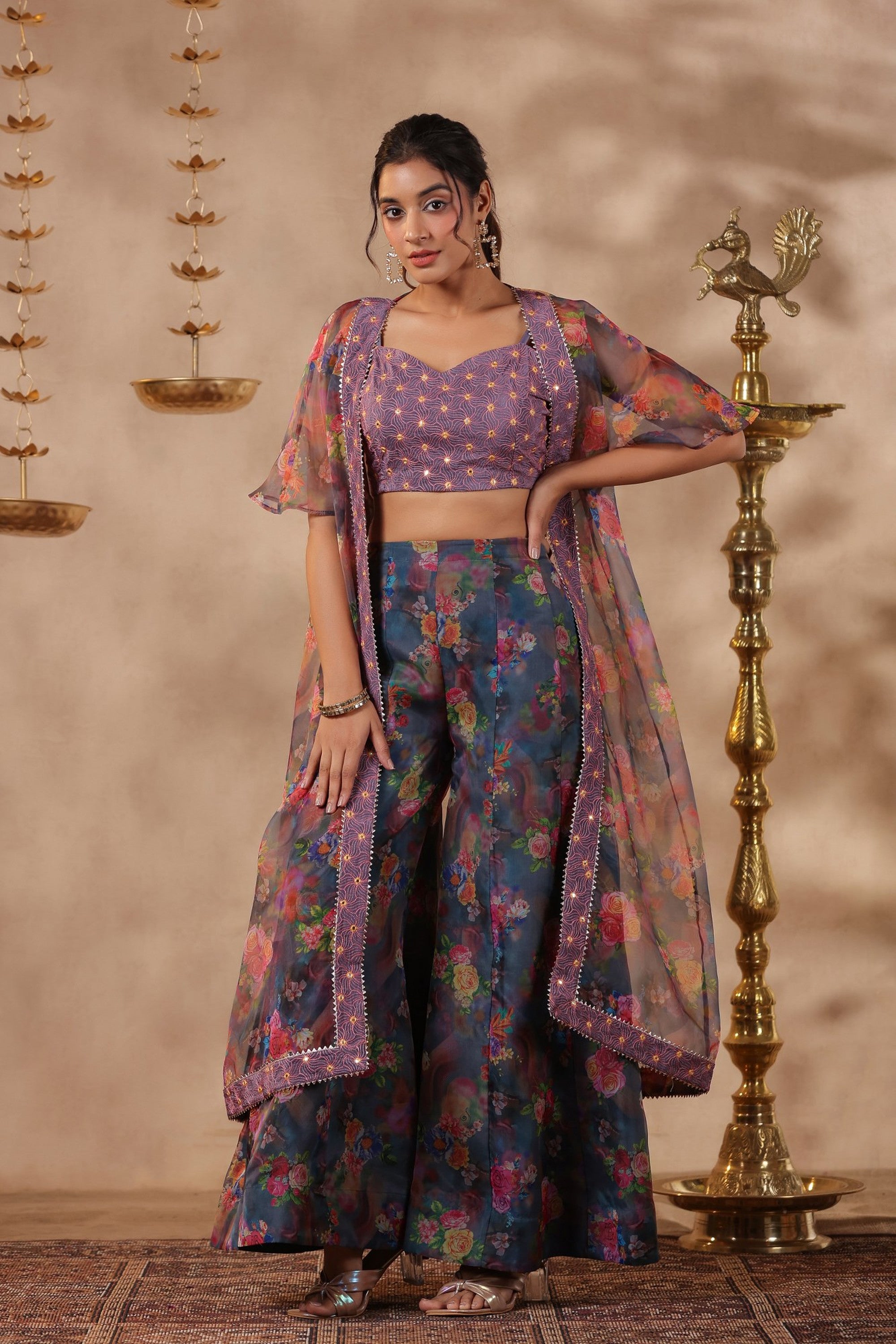 Grey Printed Organza Shrug Set With Embroidery Top Set Of 3
