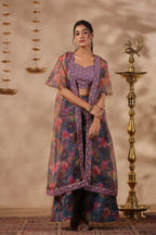 Grey Printed Organza Shrug Set With Embroidery Top Set Of 3