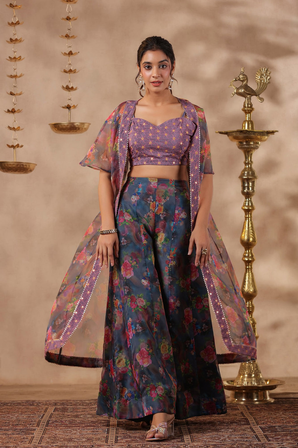 Grey Printed Organza Shrug Set With Embroidery Top Set Of 3