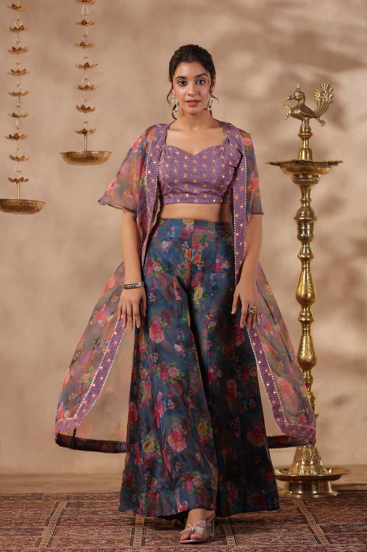 Grey Printed Organza Shrug Set With Embroidery Top Set Of 3