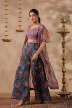 Grey Printed Organza Shrug Set With Embroidery Top Set Of 3