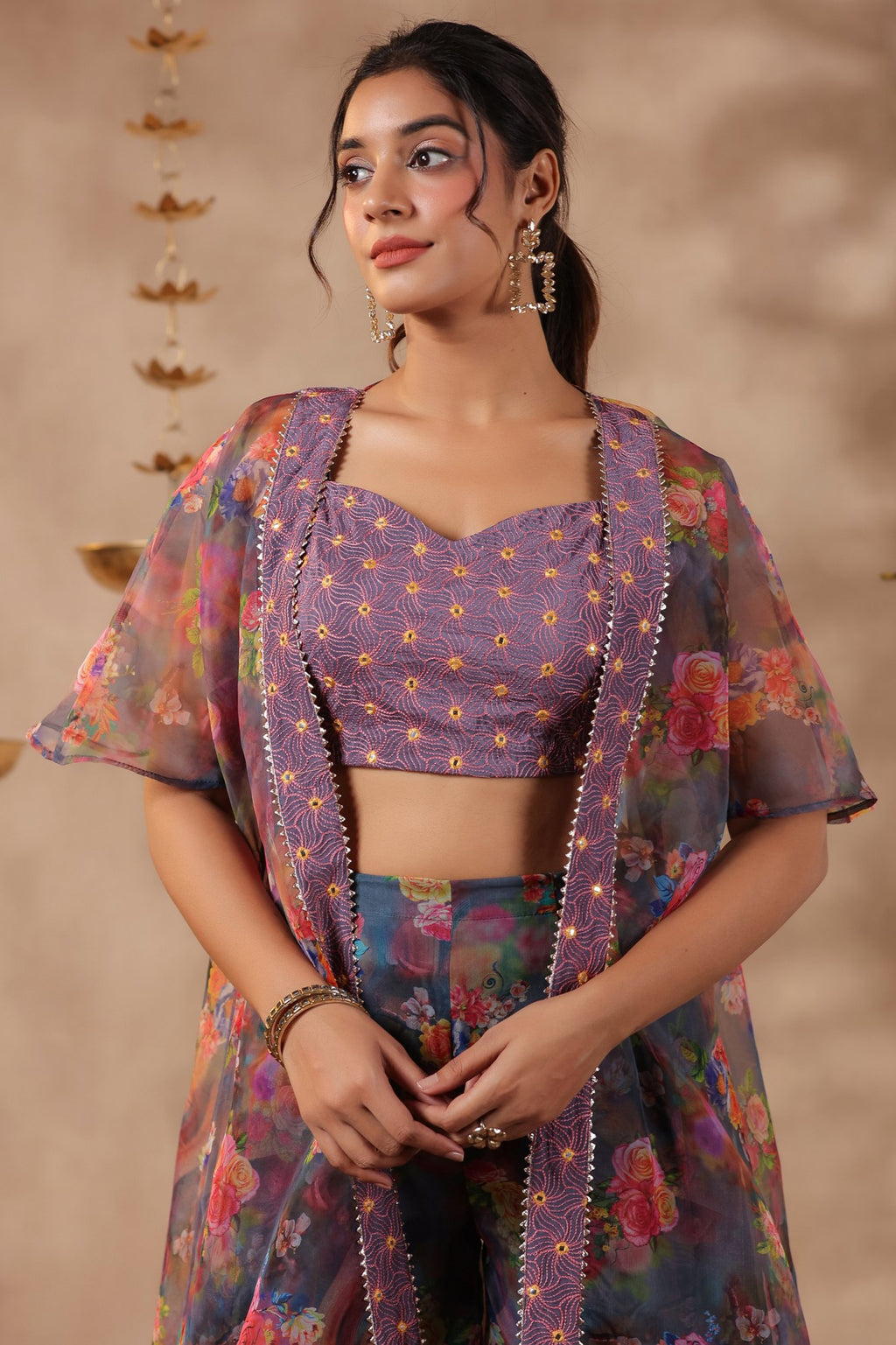 Grey Printed Organza Shrug Set With Embroidery Top Set Of 3