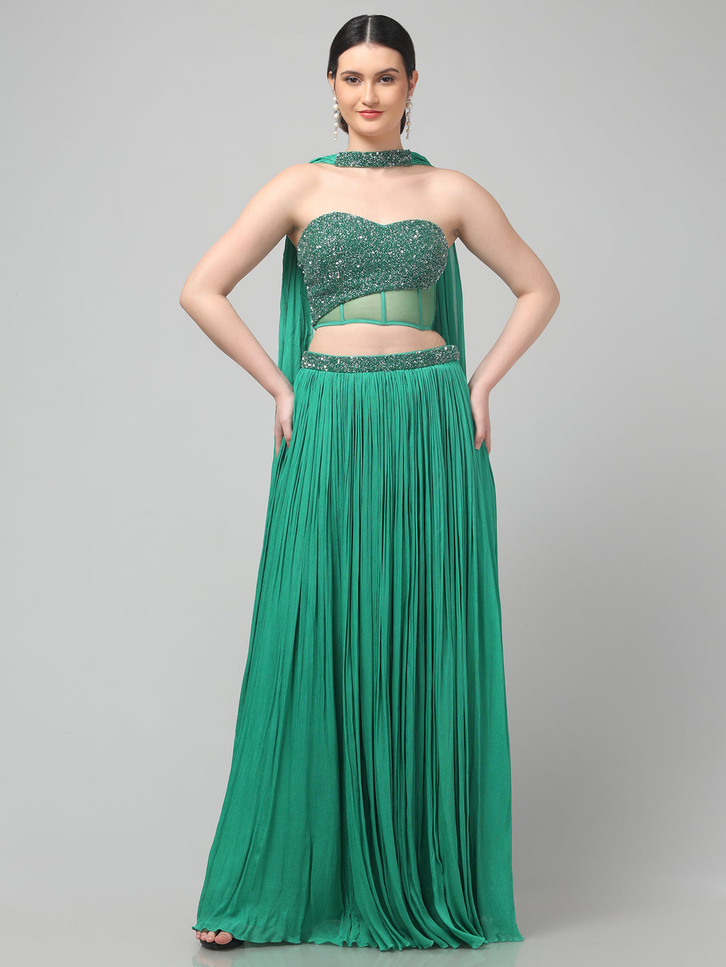 Emerald Green Corset with pleated Skirt & Dupatta