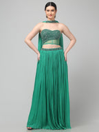 Emerald Green Corset with pleated Skirt & Dupatta