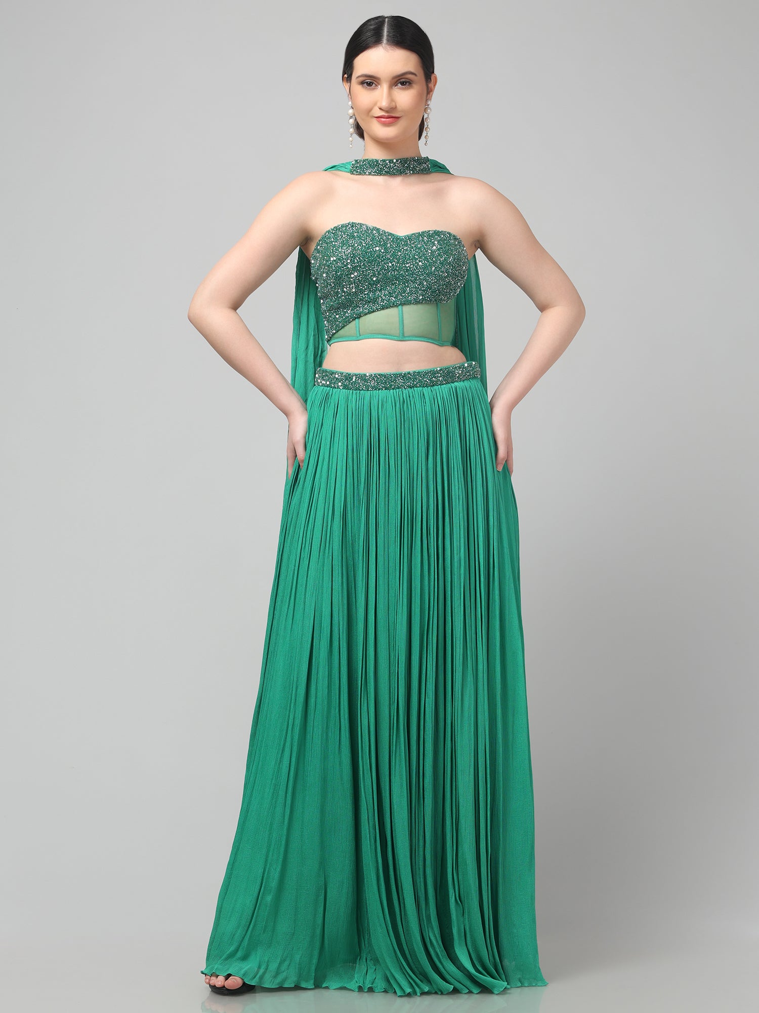 Emerald Green Corset with pleated Skirt & Dupatta