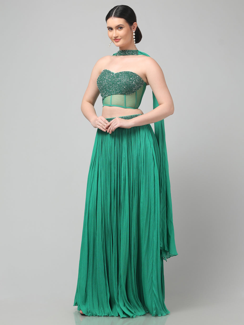 Emerald Green Corset with pleated Skirt & Dupatta
