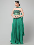 Emerald Green Corset with pleated Skirt & Dupatta