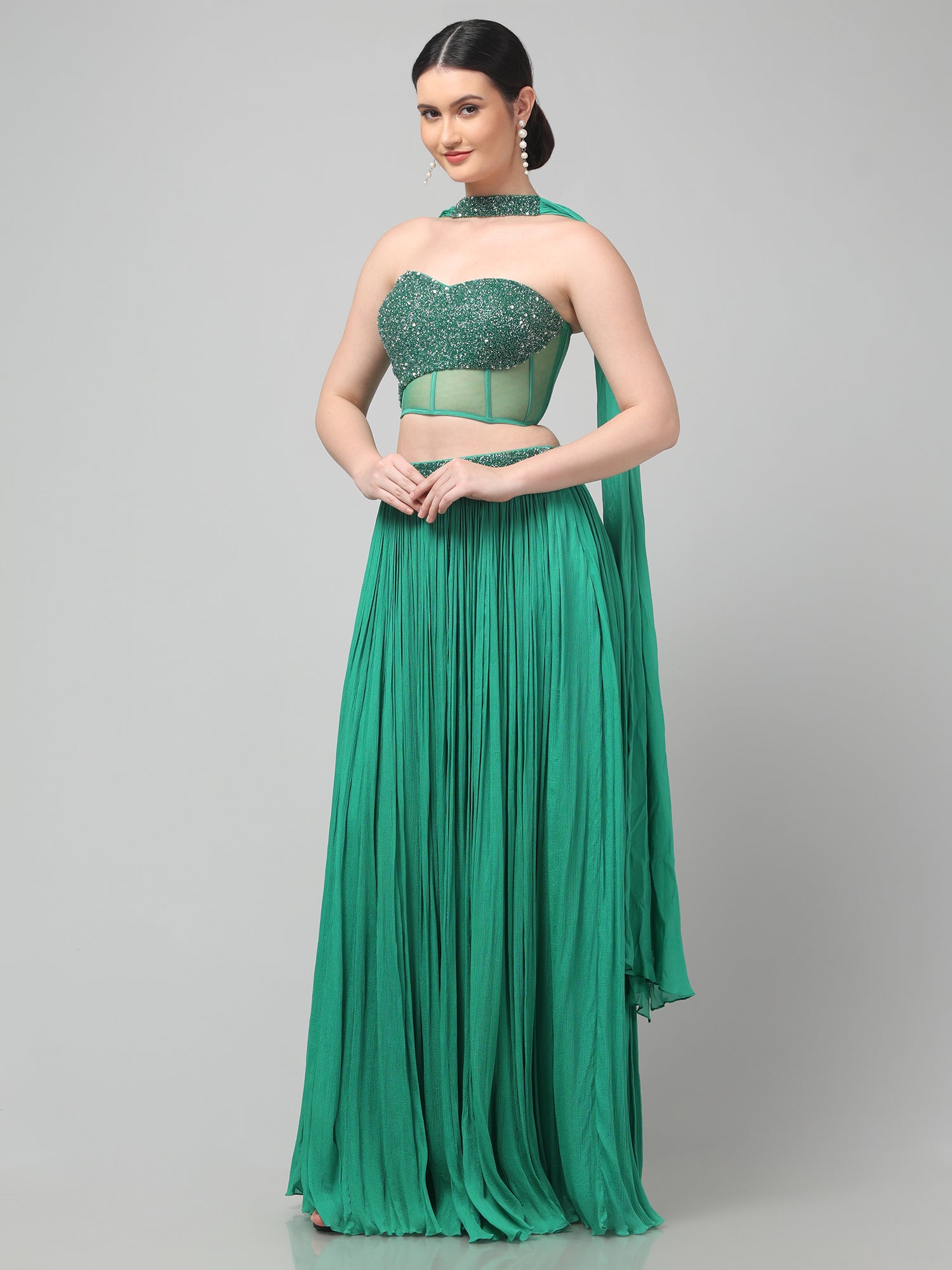 Emerald Green Corset with pleated Skirt & Dupatta