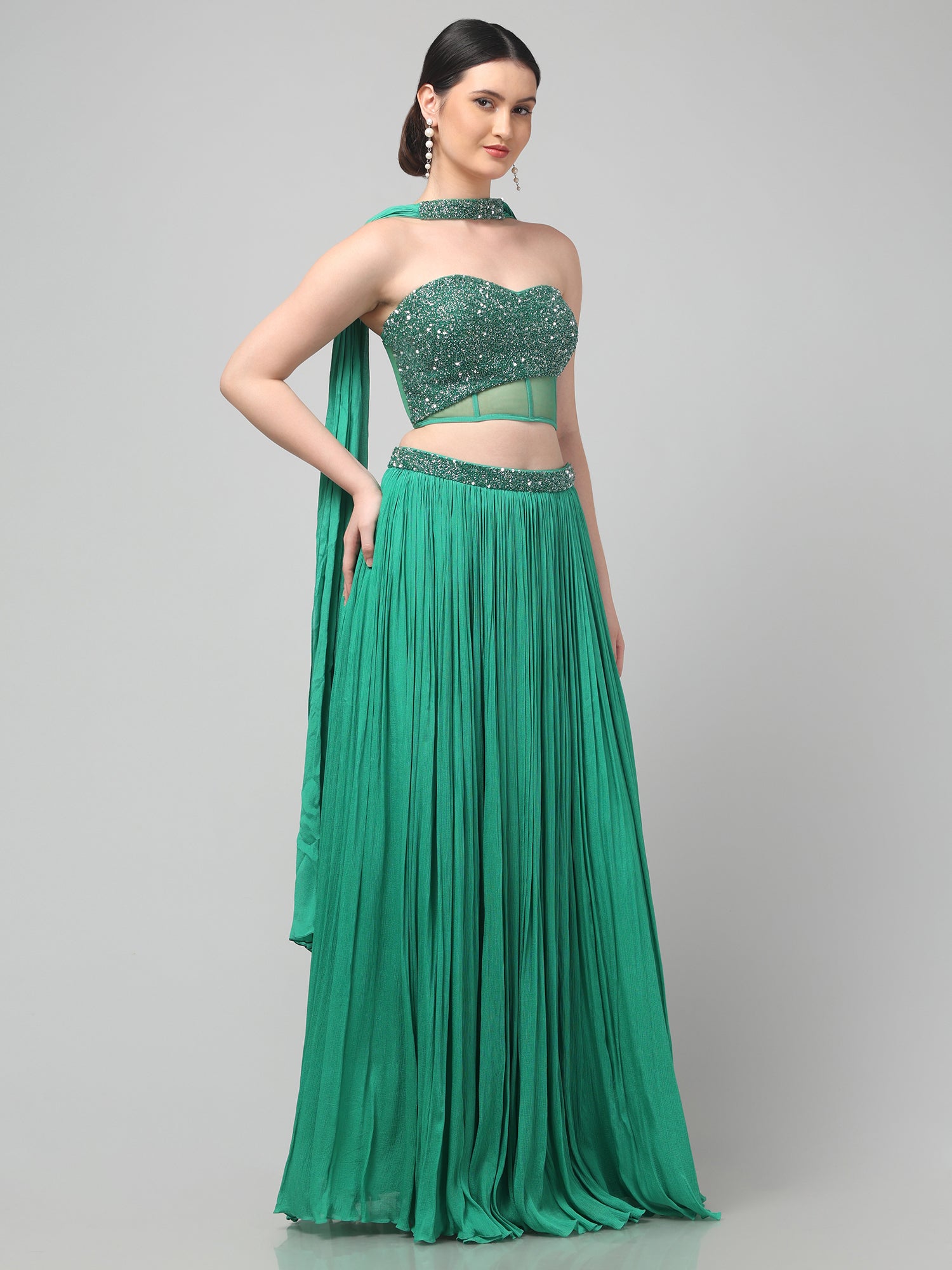 Emerald Green Corset with pleated Skirt & Dupatta