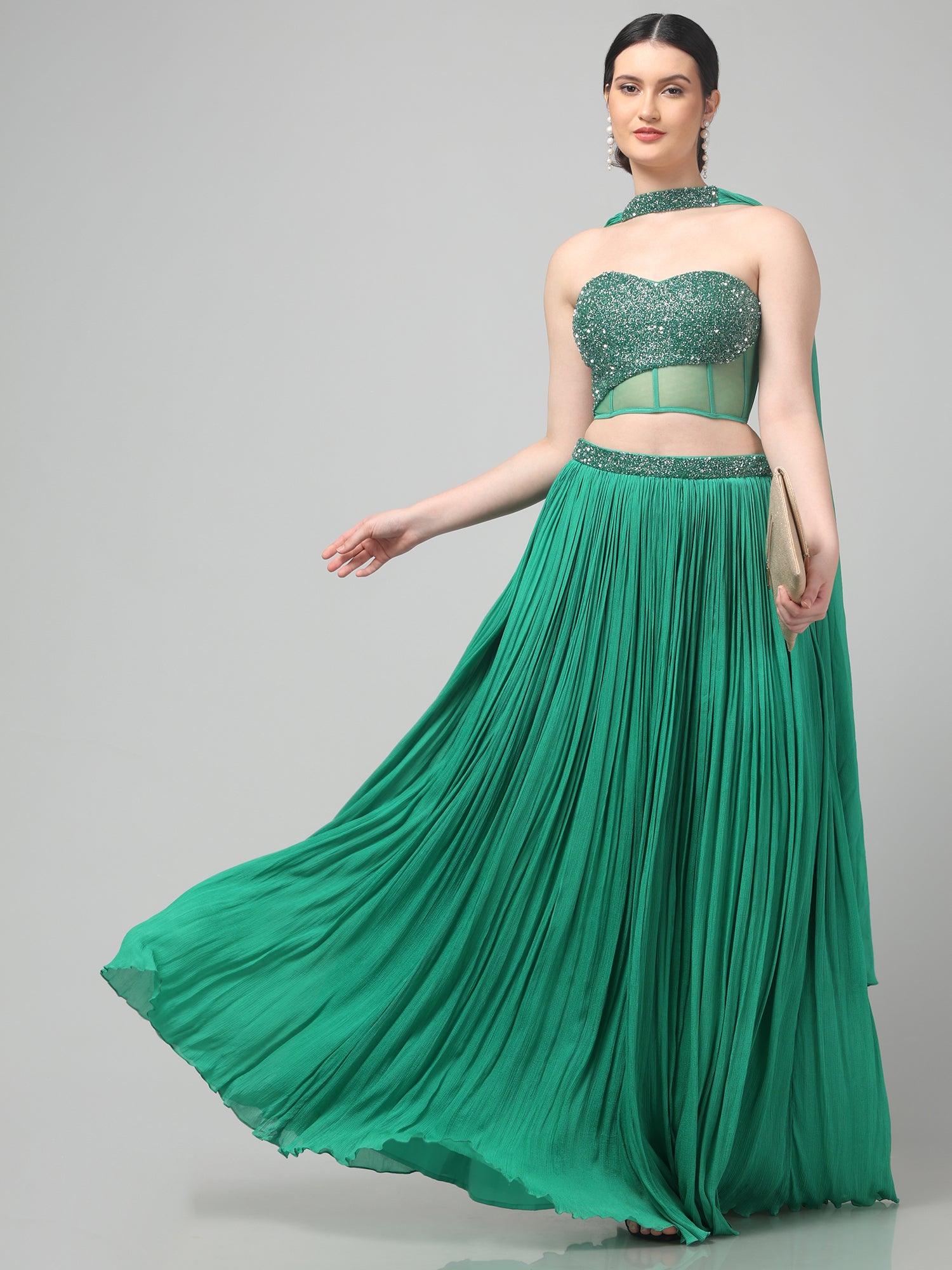 Emerald Green Corset with pleated Skirt & Dupatta