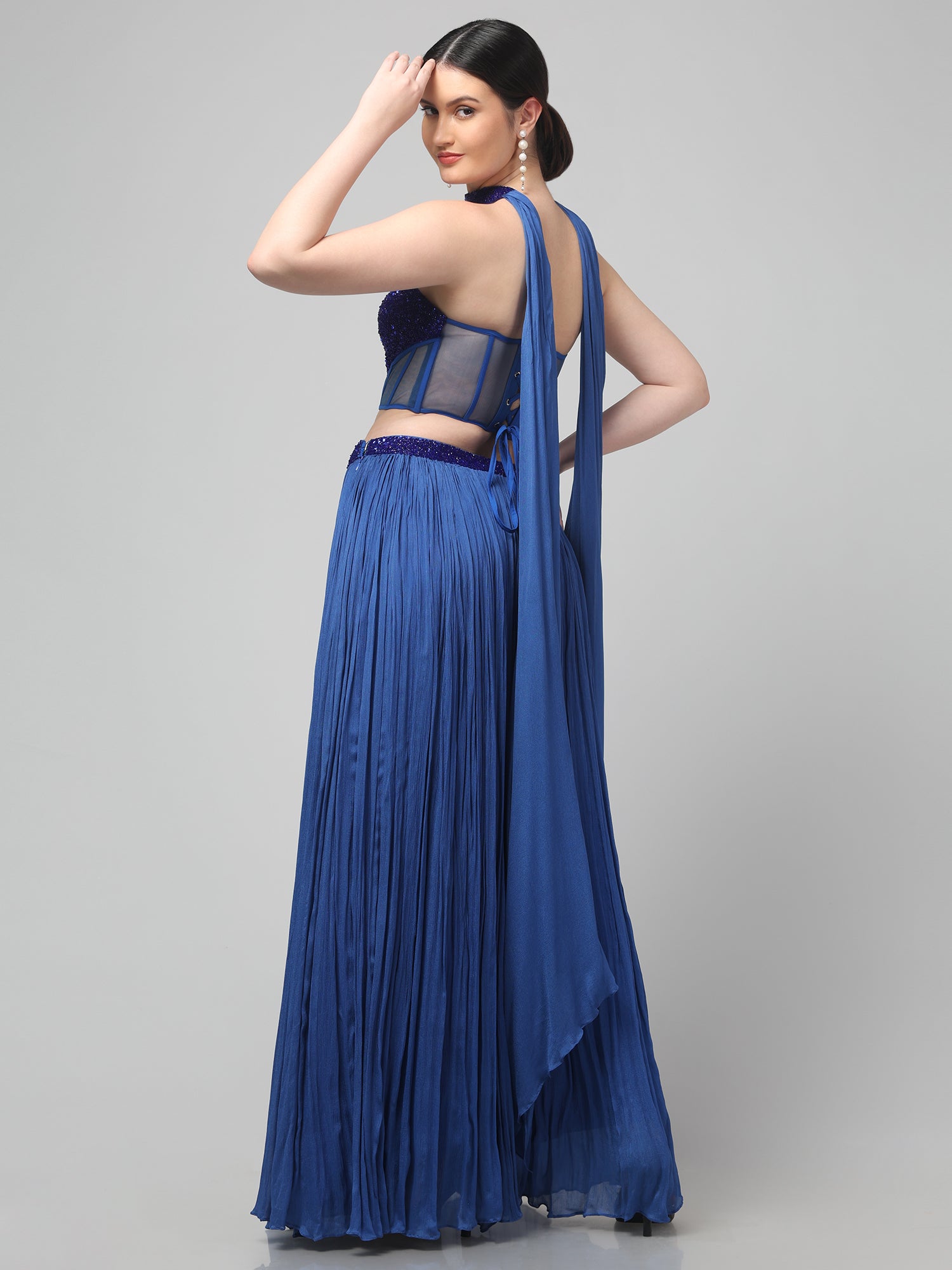 Blue Corset with pleated Skirt & Dupatta