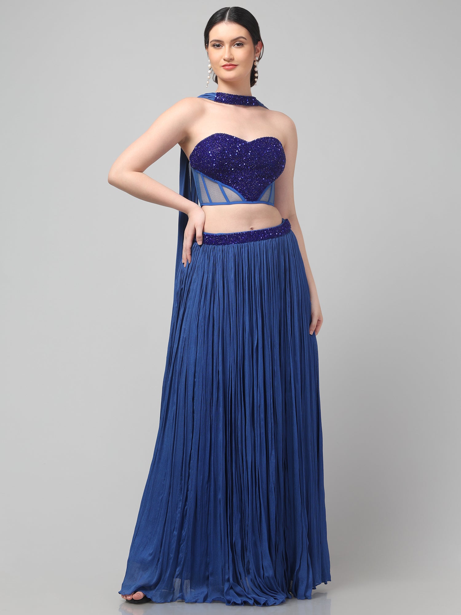 Blue Corset with pleated Skirt & Dupatta