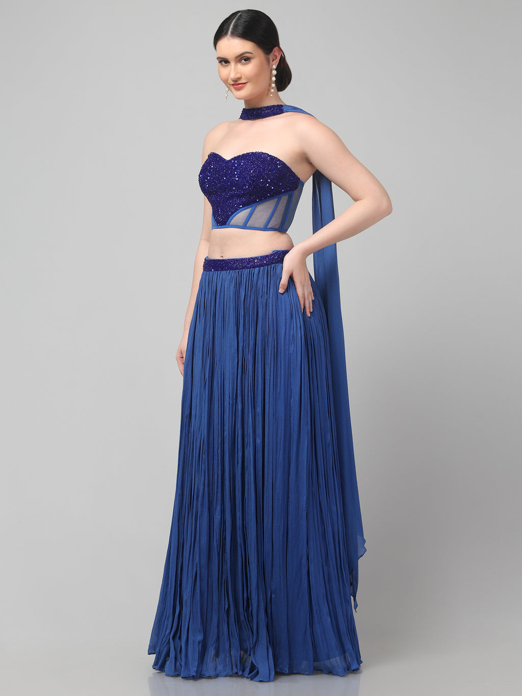 Blue Corset with pleated Skirt & Dupatta