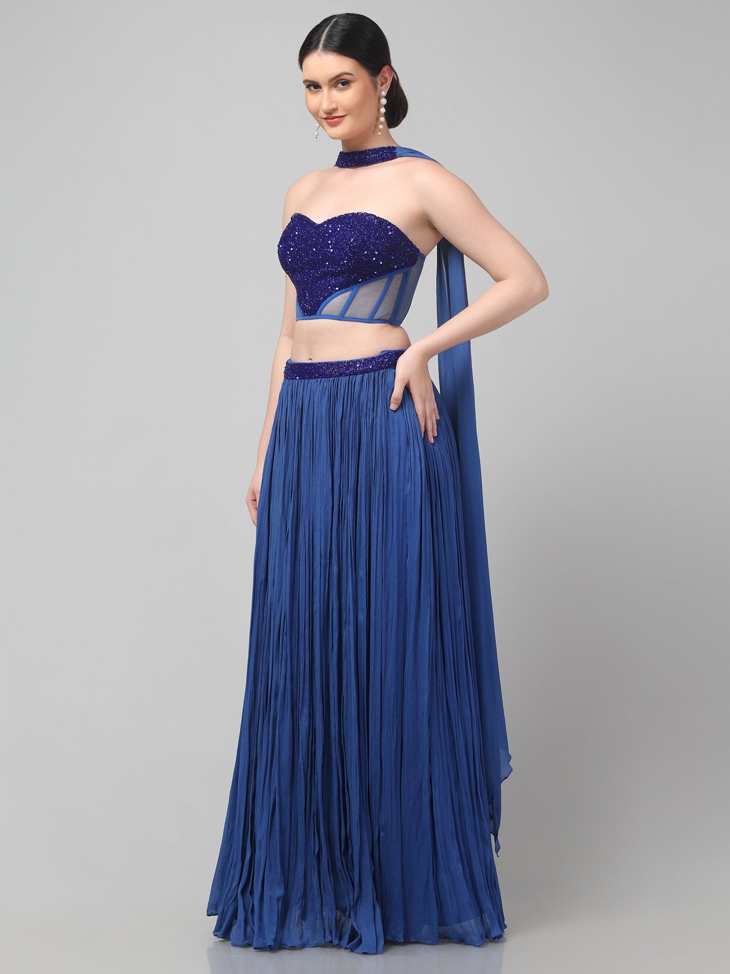 Blue Corset with pleated Skirt & Dupatta