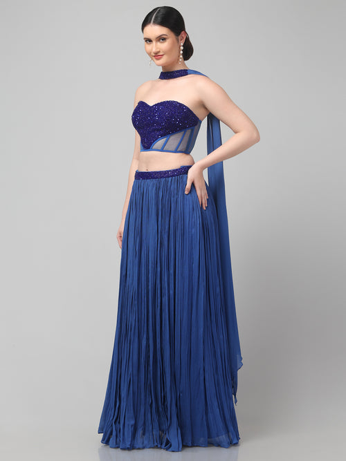 Blue Corset with pleated Skirt & Dupatta