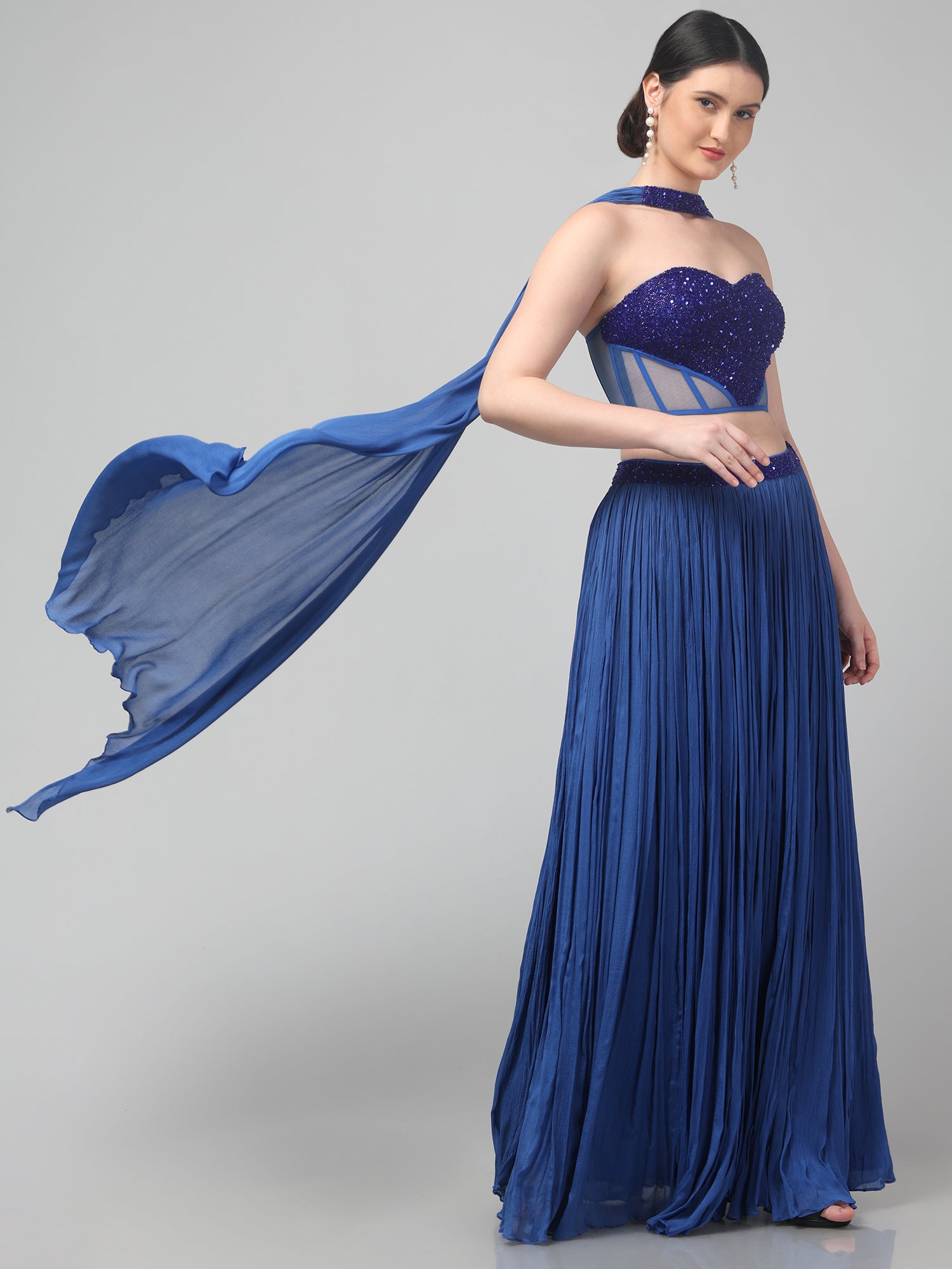 Blue Corset with pleated Skirt & Dupatta