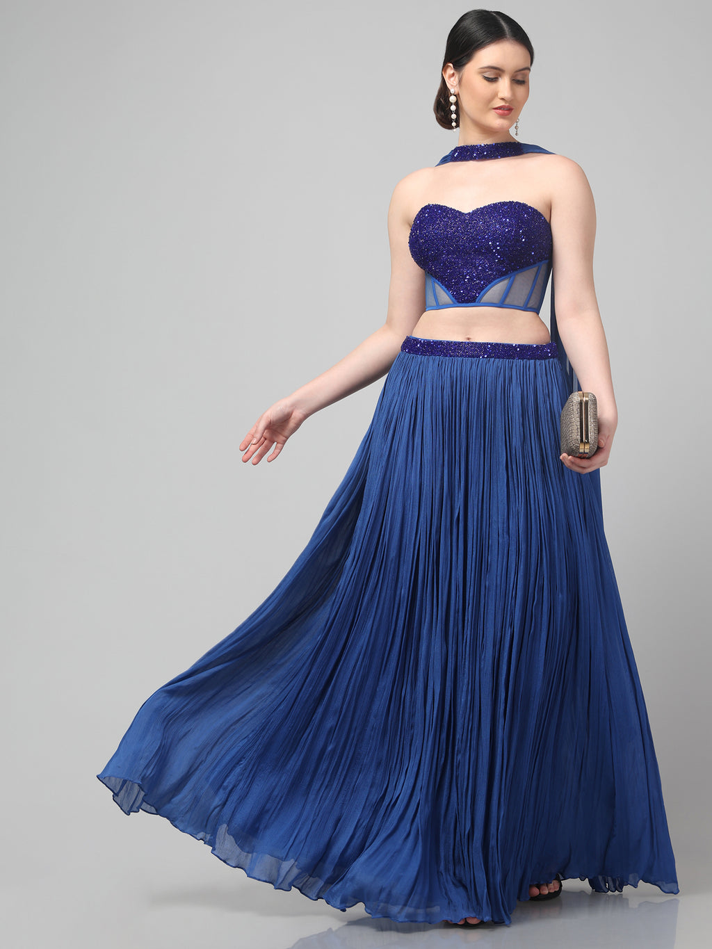 Blue Corset with pleated Skirt & Dupatta