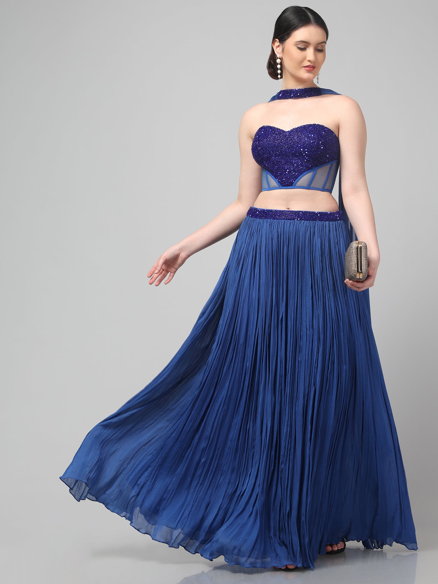 Blue Corset with pleated Skirt & Dupatta