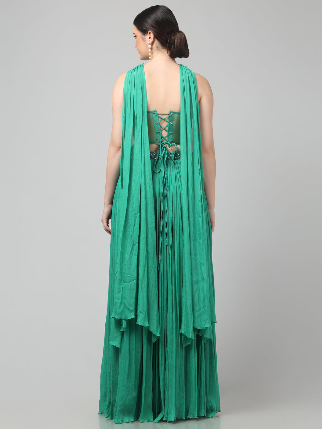 Emerald Green Corset with pleated Skirt & Dupatta