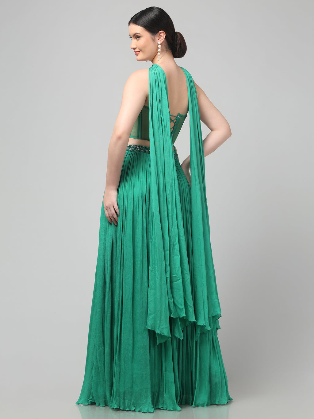 Emerald Green Corset with pleated Skirt & Dupatta