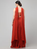 Rust Orange Corset with pleated Skirt & Dupatta
