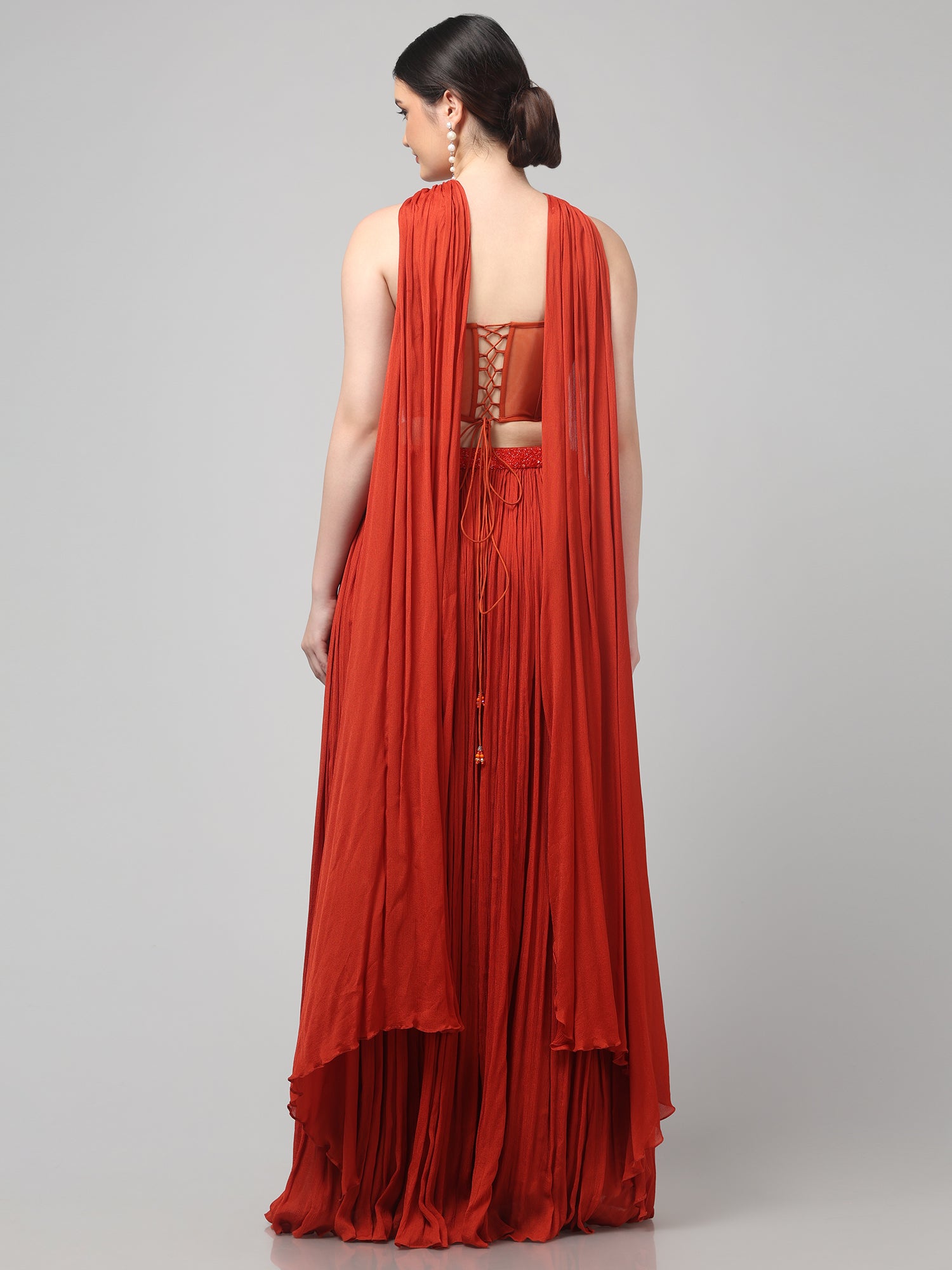 Rust Orange Corset with pleated Skirt & Dupatta