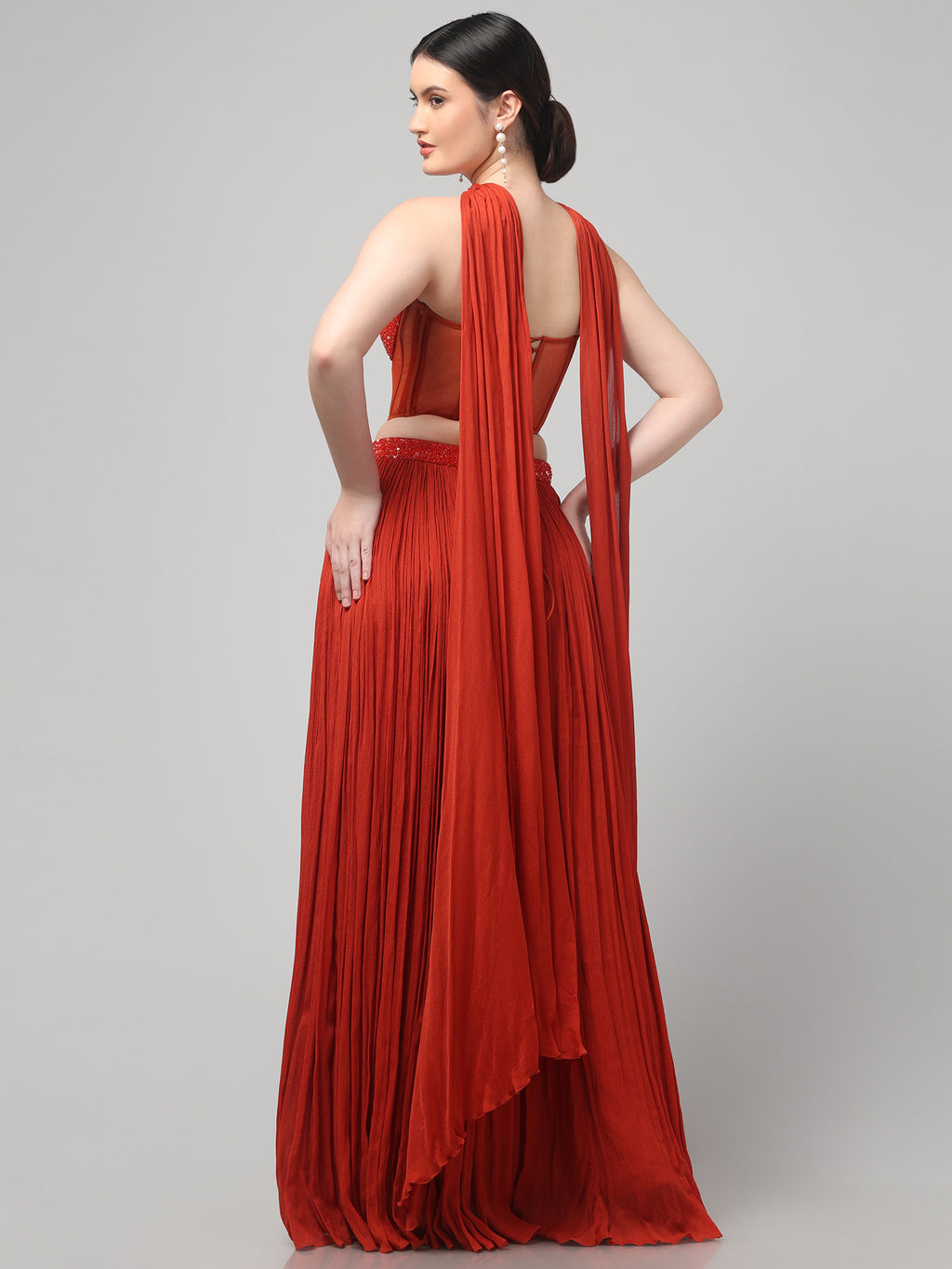 Rust Orange Corset with pleated Skirt & Dupatta
