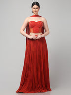 Rust Orange Corset with pleated Skirt & Dupatta