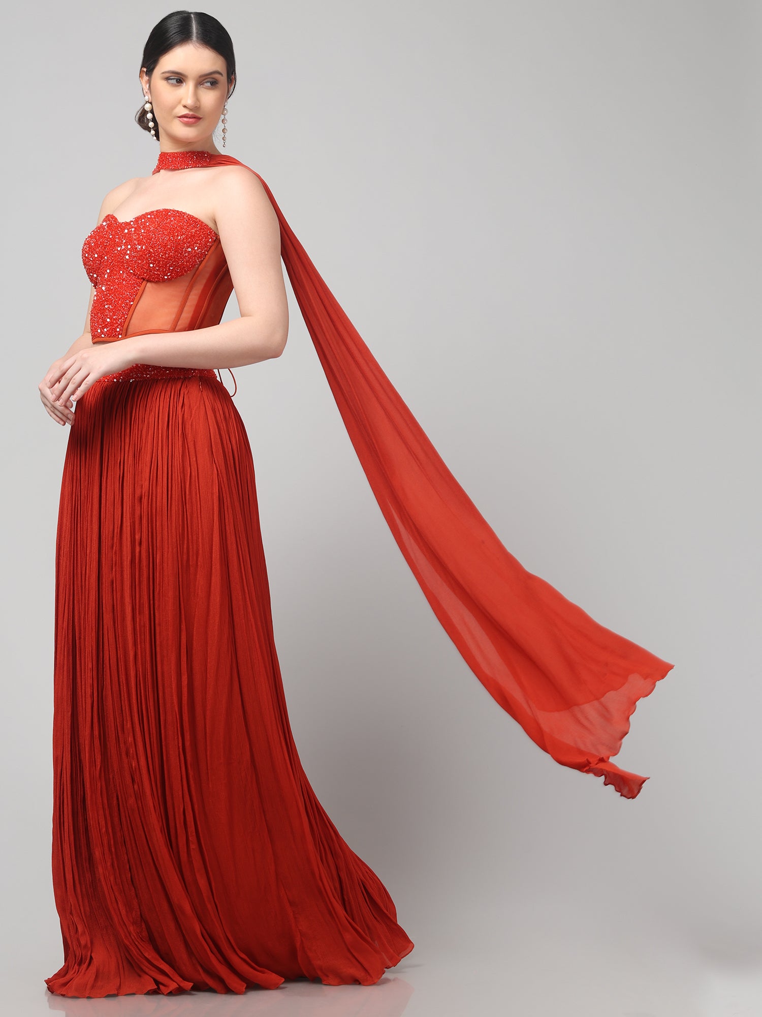 Rust Orange Corset with pleated Skirt & Dupatta