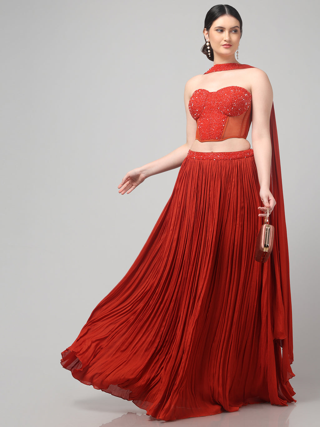 Rust Orange Corset with pleated Skirt & Dupatta