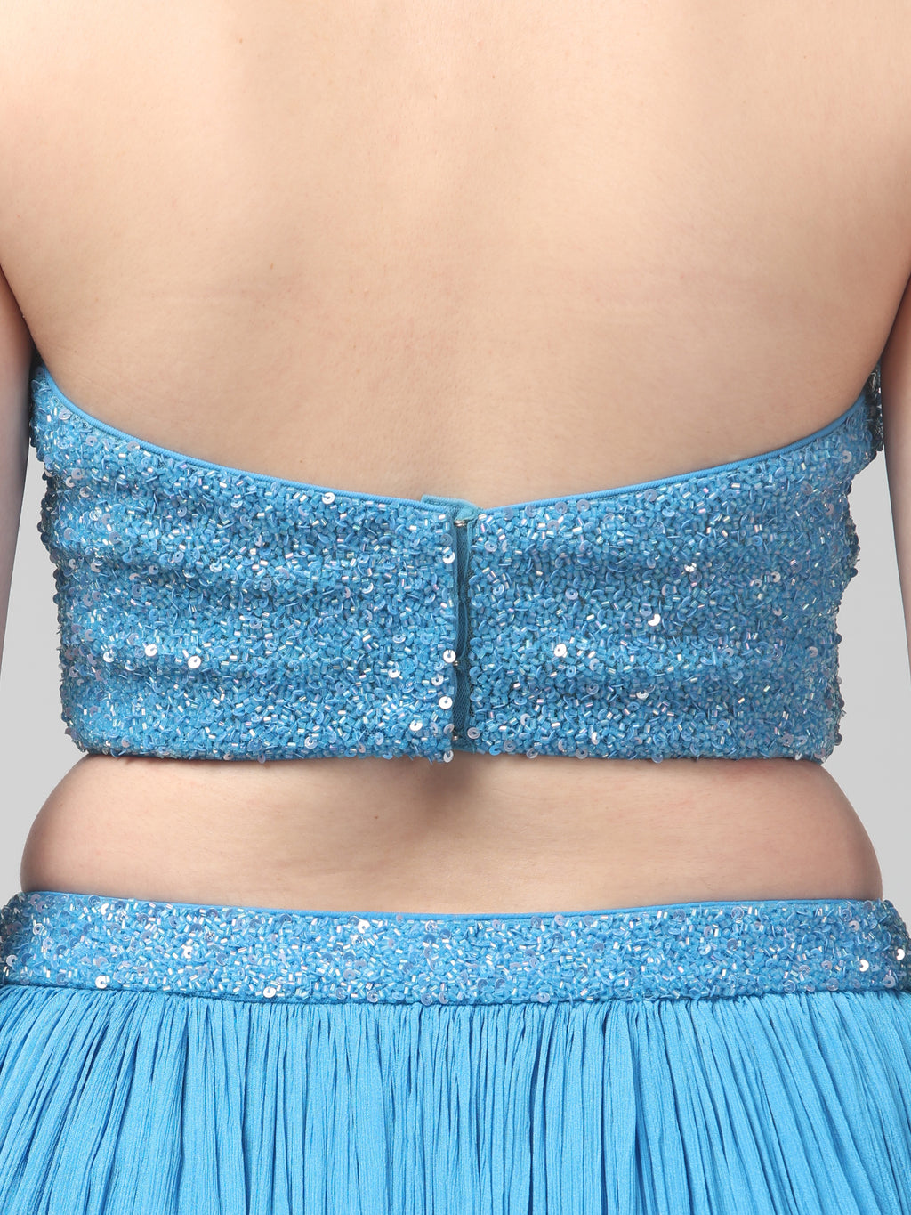 Sky-blue Corset with pleated Skirt & Dupatta