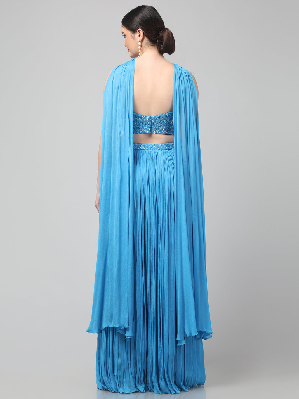 Sky-blue Corset with pleated Skirt & Dupatta