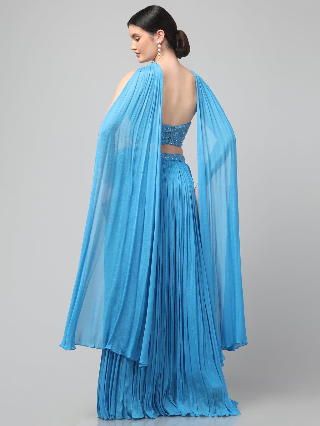 Sky-blue Corset with pleated Skirt & Dupatta