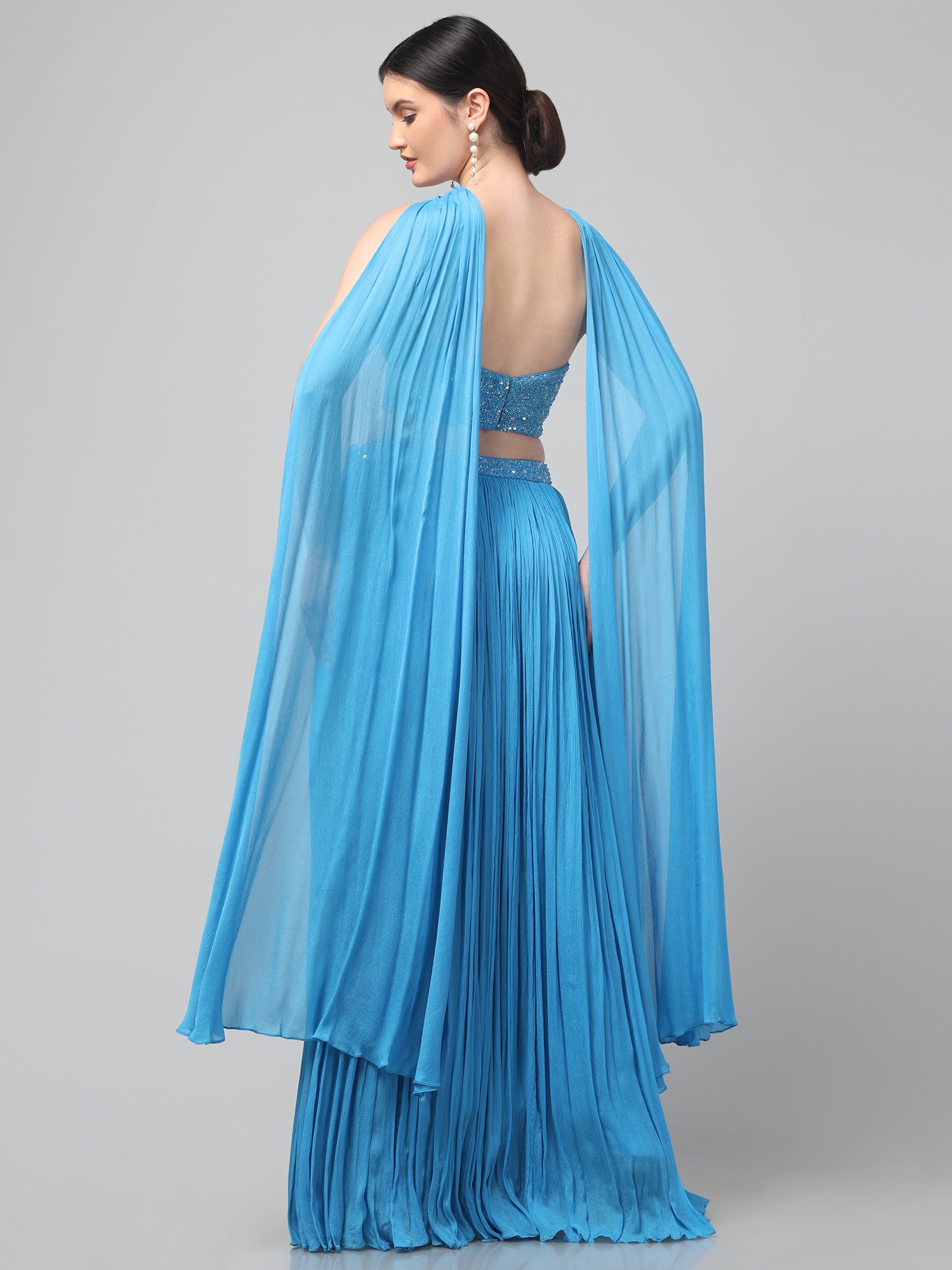 Sky-blue Corset with pleated Skirt & Dupatta