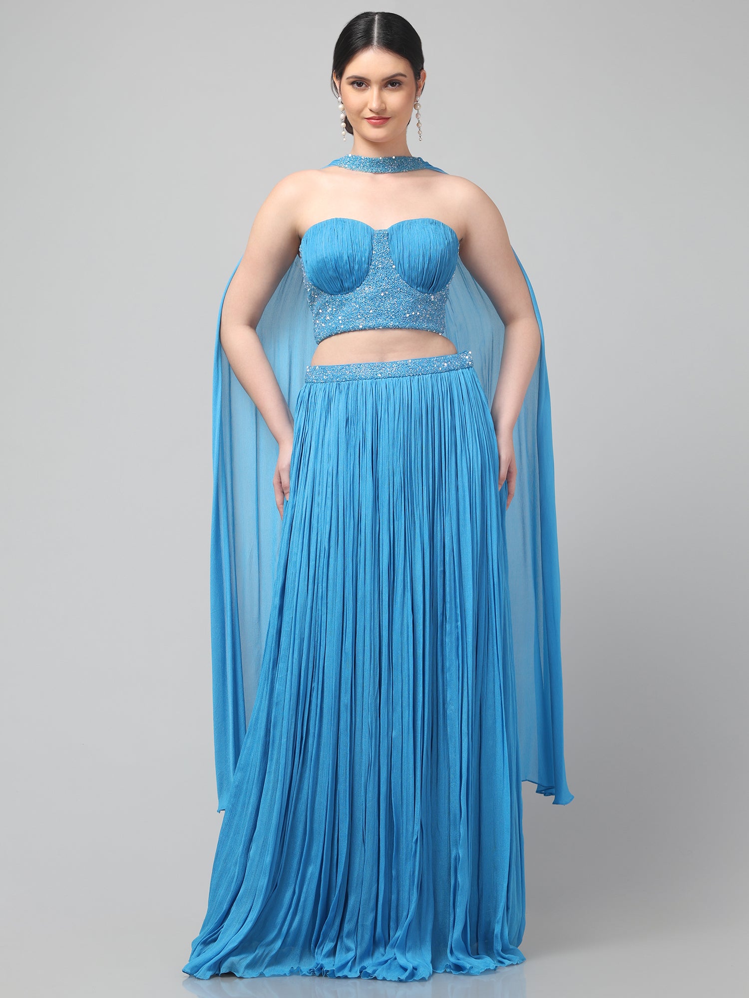 Sky-blue Corset with pleated Skirt & Dupatta