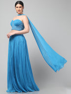 Sky-blue Corset with pleated Skirt & Dupatta